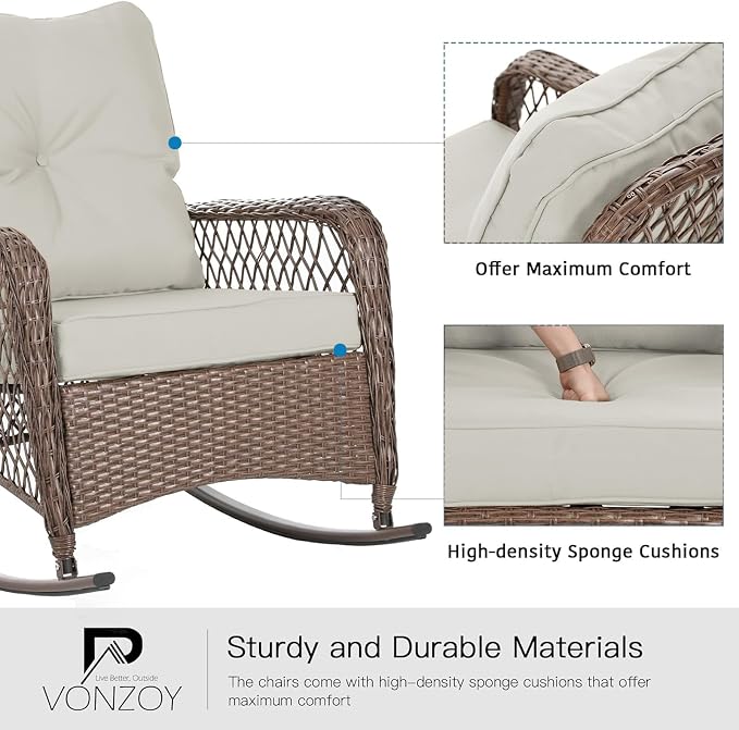 Patio Furniture Set 3 Pieces, Rocking Bistro Set with Thick Cushions, Brown Wicker Outdoor Rocker Chairs and Coffee Table for Porch, Backyard or Garden (Pale White) - Image 5