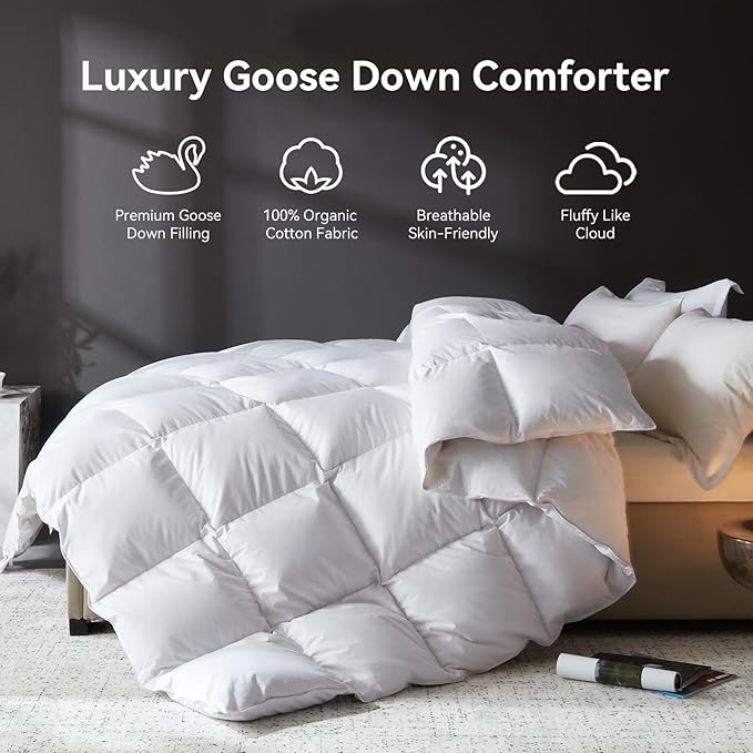 L LOVSOUL Goose Feather Down Fiber Comforter King Size, 100% Organic Cotton Fabric Duvet Insert,1200TC,750+FP, Hotel Collection, Heavyweight White Bedding Comforters with 8 Tabs,97oz