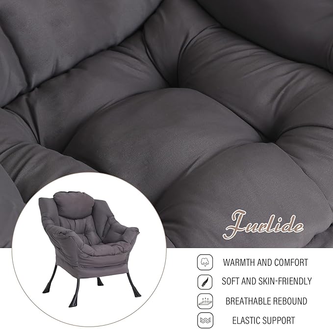 Furlide Lazy Chair for Living Room, Modern Accent Chairs with Armrests, Dark Grey Armchairs with Side Pocket, Cozy Lazy Sofa for Reading, Balcony, Bedroom, Dorm, Small Spaces