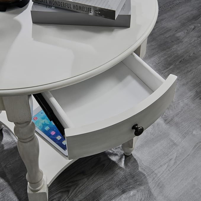 Solid Wood Oval End Table with Drawer and Storage Shelf, 28" Traditional Retro Side Table Polished Edging Sofa Table Bedside Nightstand for Living Room Bedroom Home, Antique White