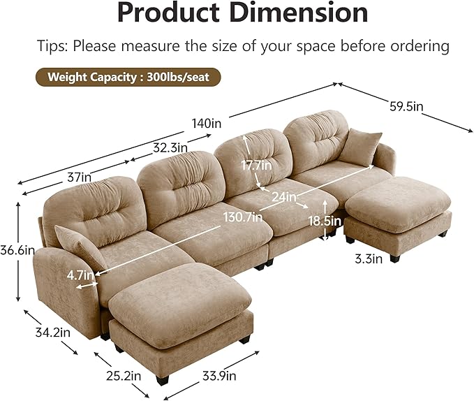 KEIKI 140" U-Shaped Oversized Chenille Modular Sectional Sofa with 2 Ottoman, High-Density Foam Cushions, Tufted Pleated Cushion Backrest, Modern 4-Seater Couch with 2 Pillow, for Living Room, Camel