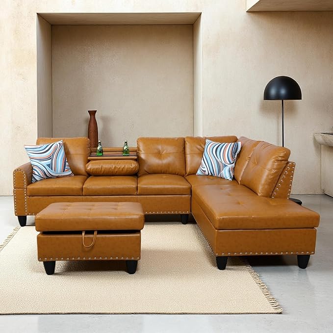 Sectional Couches for Living Room, Convertible 4 Seat Modular Sectional Sofa Set for Living Room, L Shaped Couch or U Shaped Couch with Storage Ottoman for Apartment, Orange