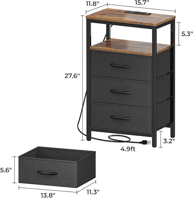 Huuger Nightstand with Charging Station, 27.6 Inch End Table Bedside Table with USB Ports and Outlets, Fabric Drawers, Night Stand for Bedroom, Rustic Brown and Black - Image 7