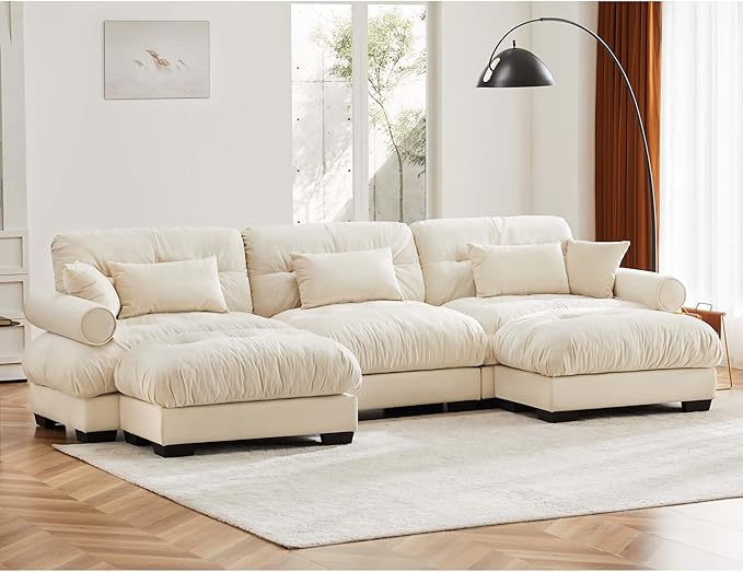 KEIKI 130" U-Shaped Oversized Velvet Modular Sectional Sofa with 2 Ottoman, High-Density Foam Cushions and Bolstered Armrests, Upholstered 3-Seater Cloud Couch with 5 Pillow, for Living Room, Cream