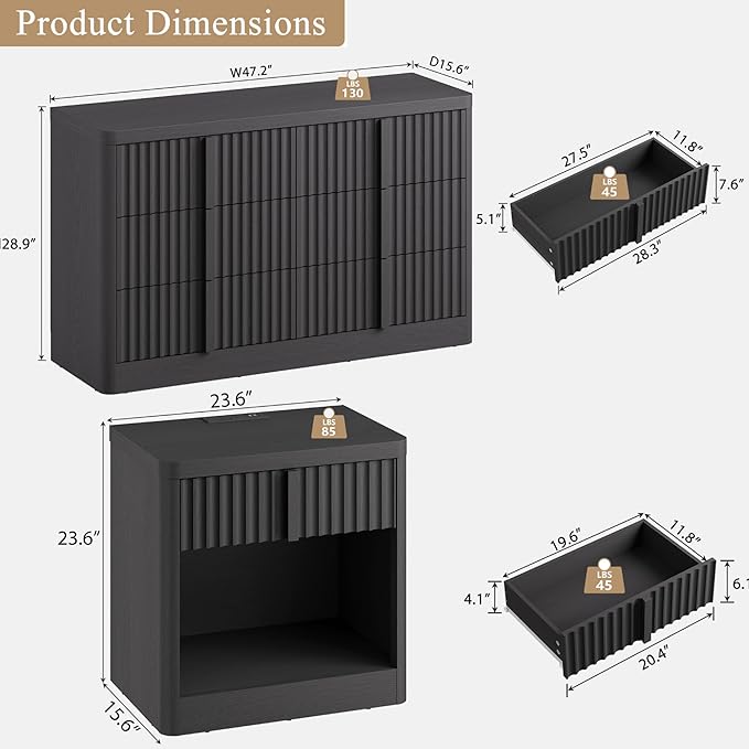 Fluted Dresser and Nightstand 3-Piece Bedroom Set, 47" Wide 6-Drawer Dresser and 2 of Nightstands with Charging Station, Curved Profile Design, Modern Bedroom Dressers Sets, Black