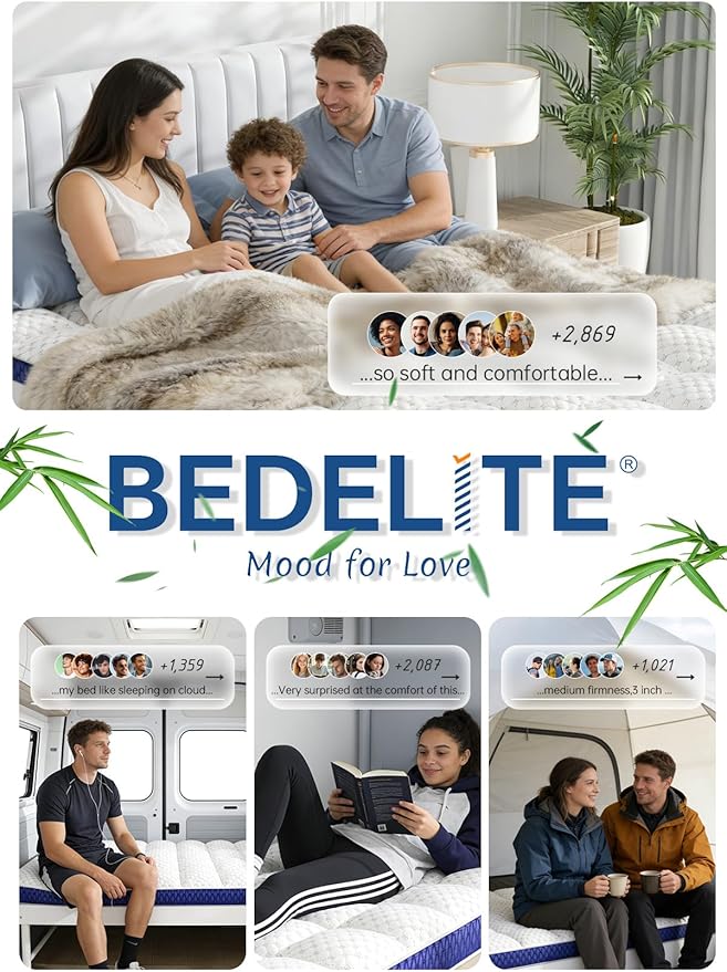 BEDELITE Queen Mattress Topper 3 Inch Thick Mattress Pad, Plush Pillow Top Bed Cover with Elastic Deep Pockets Up to 6-24 Inch for Pressure Relief, Shredded Memory Foam Filling