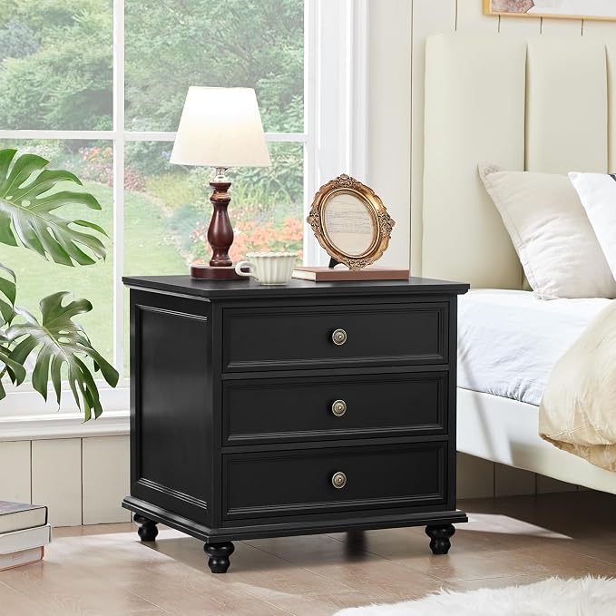 Joaxswe 24" Wide Farmhouse Night Stand Set of 2,Large End Table with 3 Drawers & Metal Handle,Black Wood Dresser for Bedroom,Bed Side Table Chest of Drawers Cabinet,Nightstand for Living Room,Closet - Image 5