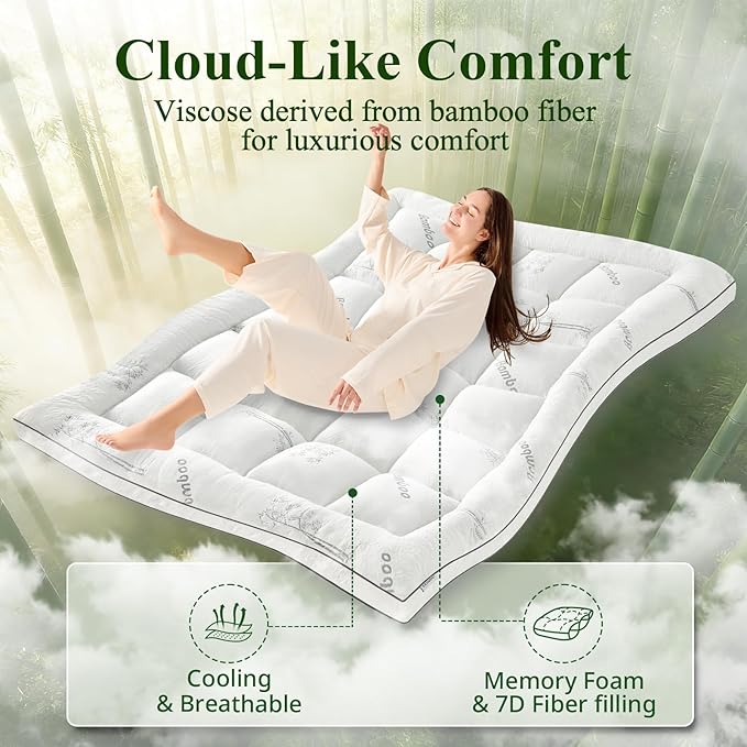 Memory Foam Mattress Topper - Viscose Made from Bamboo Pillow Top Thick King Size Mattress Pad for Back Pain, Ultra Soft & Cooling for Hot Sleepers, 6-18'' Deep Pocket, White
