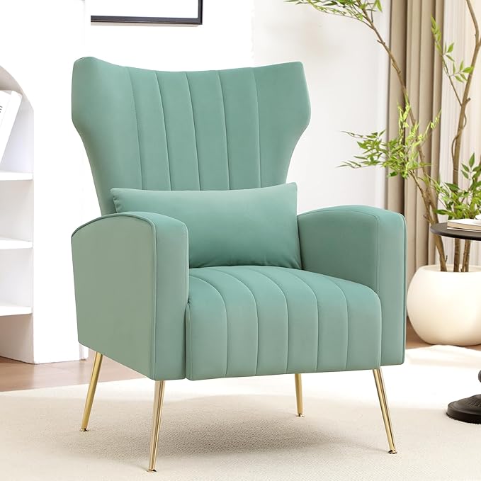 Modern Accent Chair Upholstered Living Room Chair,High Back Arm Chair with Metal Legs Lumbar Reading Chair for Bedroom, Apartment, Small Spaces Lake Green