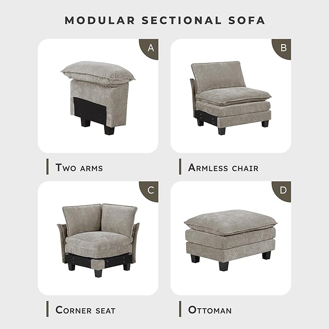 Lexicon Modular Sectional Sofa, Module for Sectional Couch, Armless Chair, Removable Cushion Cover, Soft Upholstery, Durable Frame, Customizable Comfort, Chenille Dark Pewter