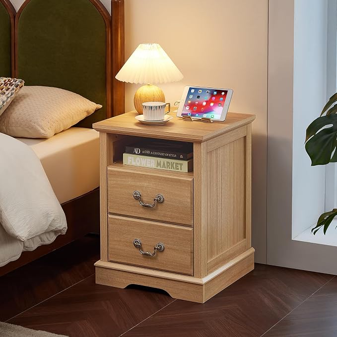 Farmhouse Nightstands Set of 2 with Charger Station, 2 Drawers Night Stand with Storage Shelf, Natural Wood 18" Wide Bedside Table, Rustic Bed Side End Tables for Bedroom, Living Room - Image 9