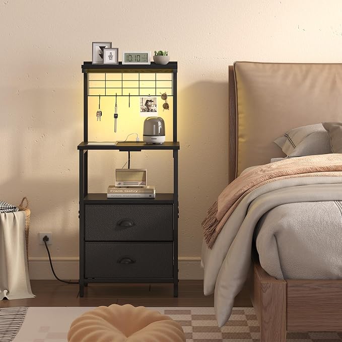 sthmec Bedside Tall Nightstands with Charging Station, LED Bedside Table for Bedroom - 3 PU Fabric Drawers, Hooks, USB/Type-C Ports & Open Bedside Shelves, Black - Image 6