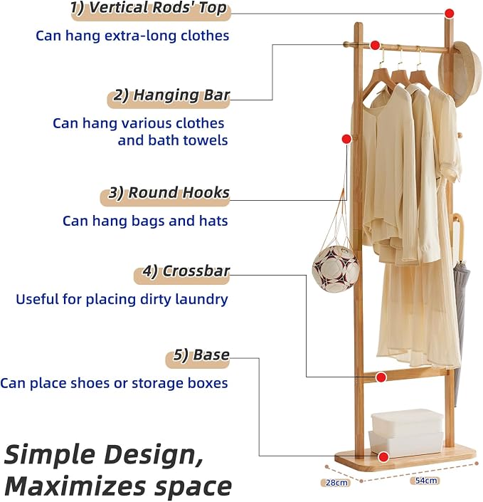 Aibiju Coat Rack Freestanding, Coat Tree with 2 Main Rods and Stable Design, Clothes Racks for Hanging Coats Clothes Suits Jacket, Easy to Assemble and Very Sturdy, Natural Wood Color USYD-202 - Image 4
