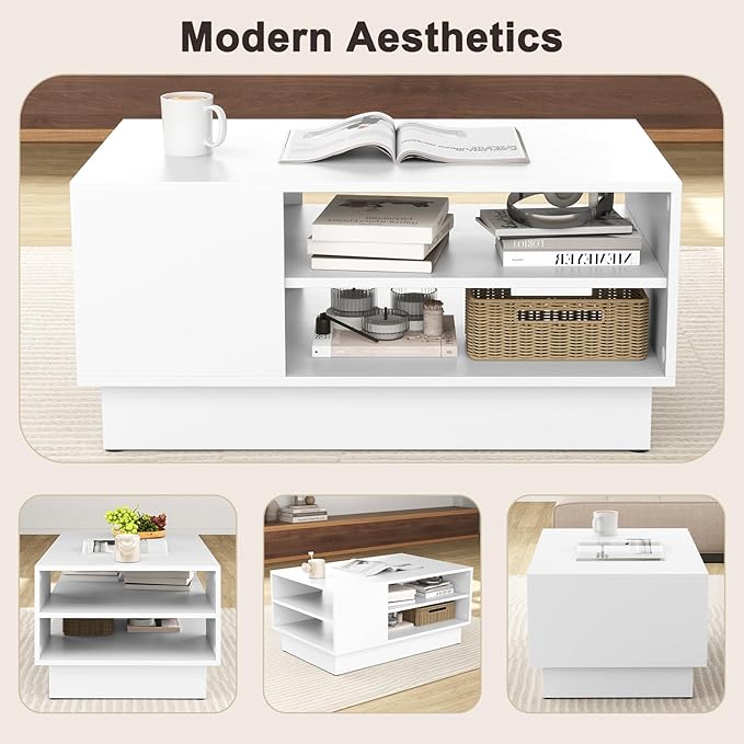 GOFLAME Modern Coffee Table with Storage, 34” Wooden Center Table with 2-Tier Open Storage Shelves, Open Side, Rectangular Tea Table for Living Room, Reception Room, Lounge, White