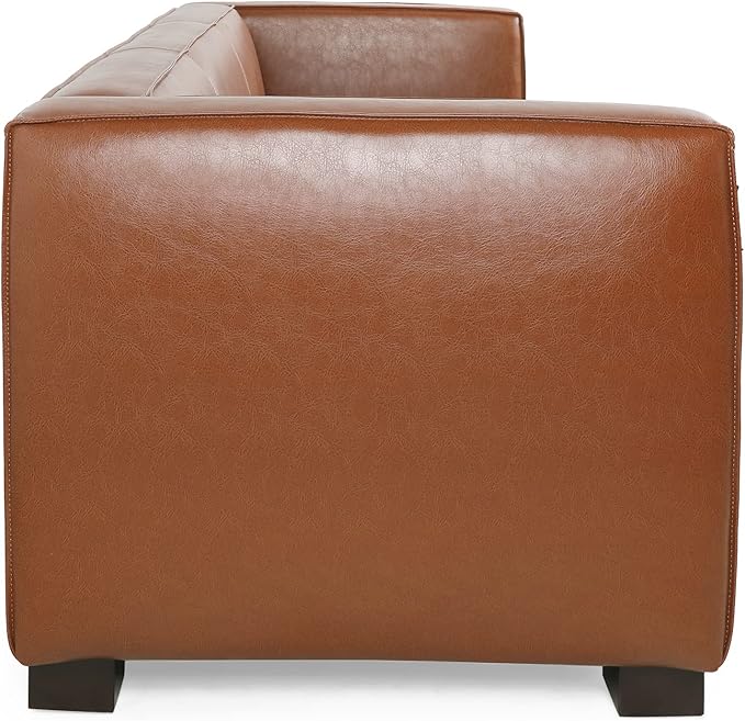 Goyette 3 Seater Sofa - Faux Leather - Cognac Brown/Dark Walnut