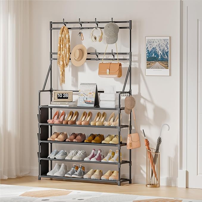 OYREL Shoe Rack 5 Tier Shoe Racks Organizer 20-25 Pairs Shoes Rack for Closet Entrance Shoe Storage Organizer with Hooks and Side Pocket Entryway Shoe Holder Space Saving Free Standing Shoe Racks - Image 6
