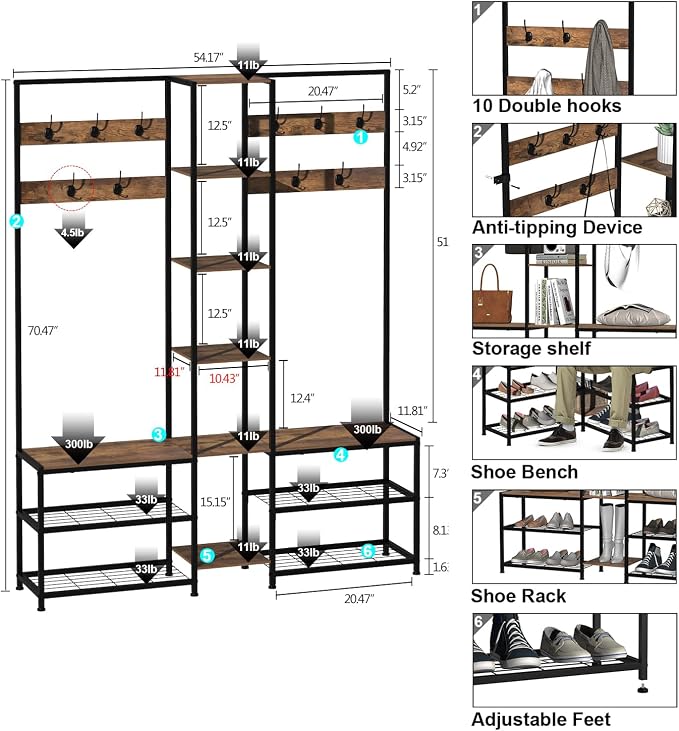 GiftGo Corner Hall Tree with Shoe Rack Storage Bench Display Open Shelves Modern Industrial Entryway Coat Rack Stand for Home Living Room Mudroom Bedroom Multifunctional 5 in 1 (Rustic Brown) - Image 6