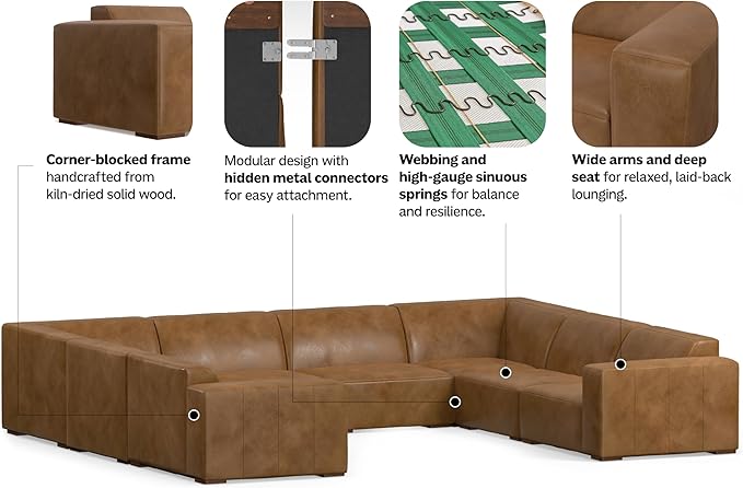 SIMPLIHOME Rex Center Sofa Module in Full-Grain Genuine Leather, Caramel Brown, 34-inches Wide, Handcrafted Modern-Style Armless Sofa or Armless Chair for Living Room and Family Room