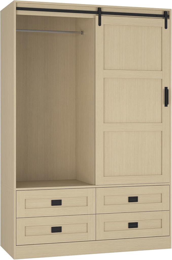 Wardrobe Closet with Sliding Barn Door, Tall Wooden Bedroom Armoire Wardrobe Closet Storage Cabinet with 4 Drawers, Adjustable Shelves and Hanging Rod, Clothes Cabinet for Bedroom, Wood
