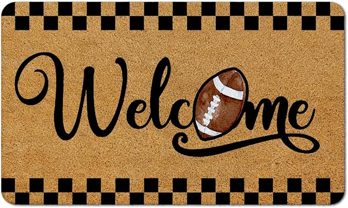 Football Welcome Mat for Boys Kids Room Bedroom Decor, Black and White Checkered Football Sport Faux Coir Door Mat Small Rug for Front Door Indoor Outdoor Entrance Entryway, 17x30 Inches by MKIJUHB