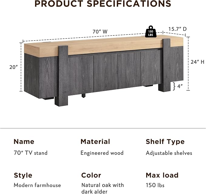OKD Modern Farmhouse TV Stand, 70" Long Media Console Table with Storage Cabinet, Wooden Entertainment Center for Living Room, Natural Oak with Dark Alder - Image 2