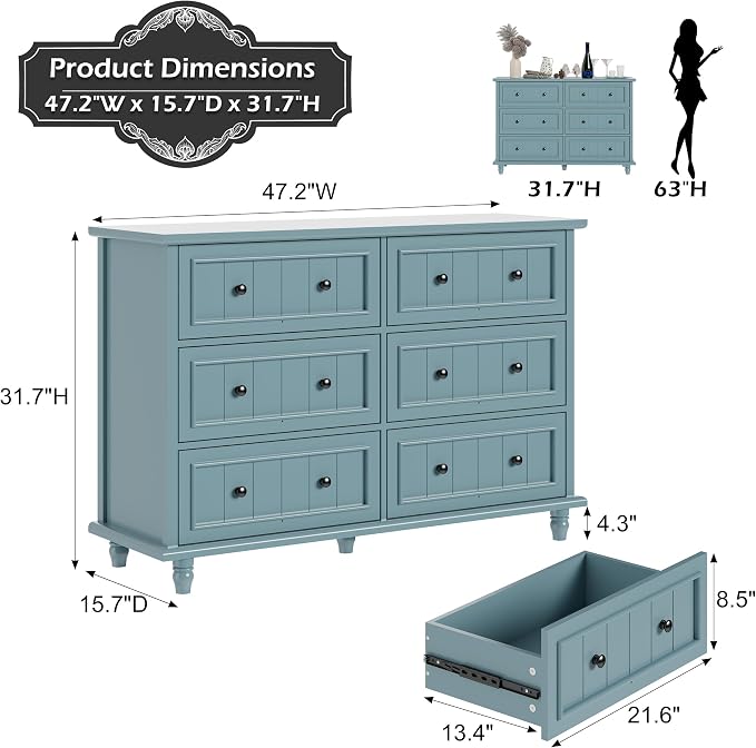 Scurrty 6 Drawer Dresser, Antique Chest of Drawers, Large Cabinet with Storage, Big Dresser for Clothes in Living Room, Bedroom (Blue) - Image 2