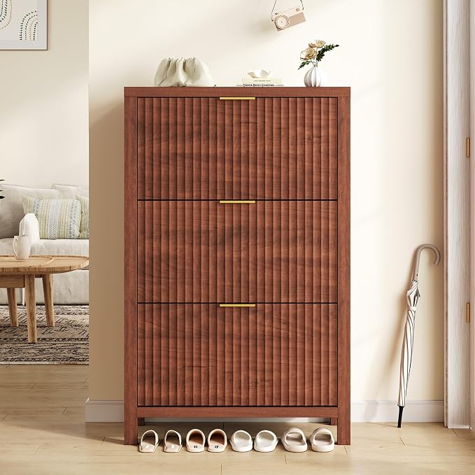 YOMILUVE Shoe Cabinet Storage for Entryway, Fluted Shoe Cabinet with 3 Flip Drawers, Hidden Shoe Rack Tall Freestanding Shoe Organizer with Legs for Hallway, Walnut - Image 9