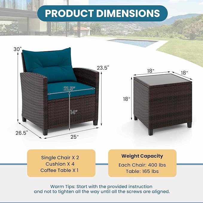RELAX4LIFE 3 Piece Patio Furniture Set, Wicker Bistro Conversation Set w/2 Cushioned Armchairs & Glass Topped Table, Outdoor Rattan Sofa Set Patio Furniture for Porch Balcony Poolside (Peacock Blue)