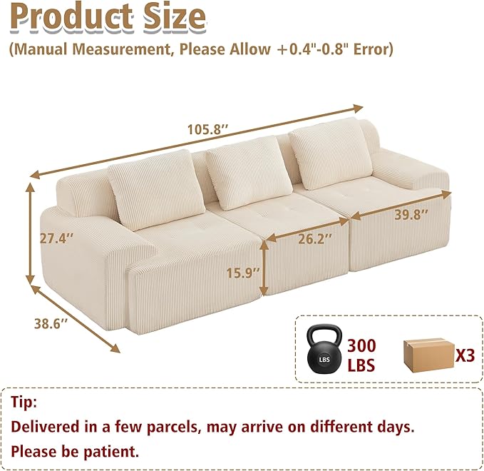 KIGOTY Modular Sectional Sofa, 3 PCS Comfy Cloud Sectional Couch with Deep Seat, Corner Sofa, Modern Boneless Couch for Living Room, No Assembly Required,White