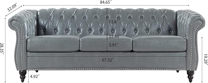 ERYE 84.5-Inch Classic 3 Seat Chesterfield Sofa Couches for Living Room Bedroom, 3 Seaters Button Tufted Faux Leather Upholstered Chesterfield Sofa Couch,Wood Legs | Button Tufted, Easy to Assemble, Nailhead, Removable Cushion