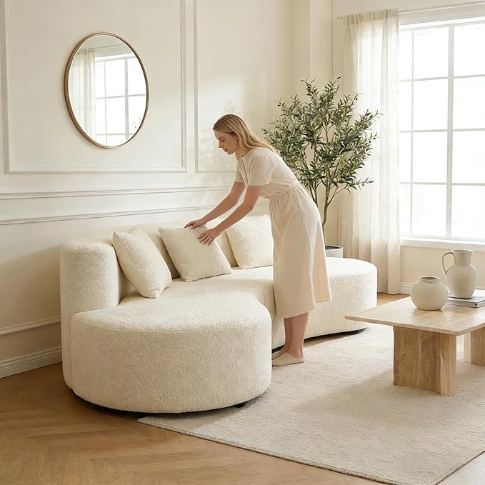 Modern Curved Sectional Sofa Couch 95" Beige - Cloud Fleece Upholstered 4-Seater Modular Boneless Couches for Living Room, Office, Apartment