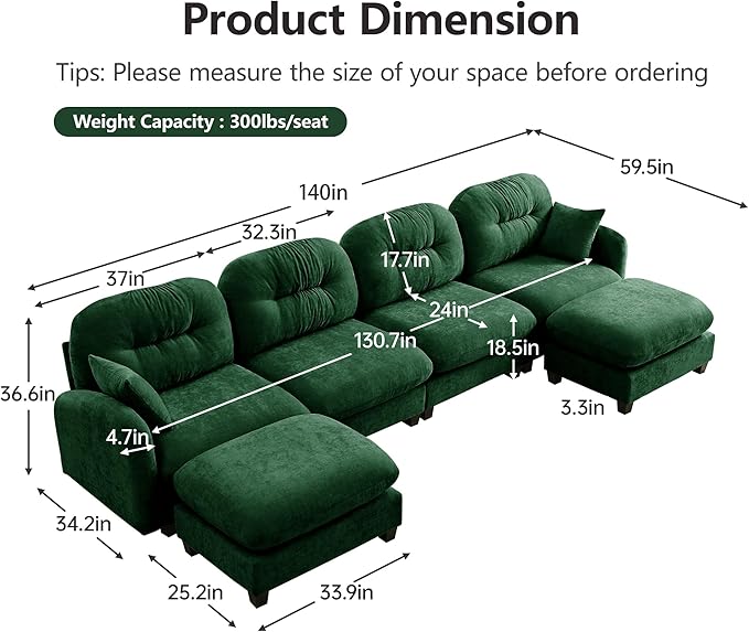 KEIKI 140" L-Shaped Oversized Chenille Modular Sectional Sofa with 1 Ottoman, High-Density Foam Cushions, Tufted Pleated Cushion Backrest, Modern 4-Seater Couch with 2 Pillow, for Living Room, Green
