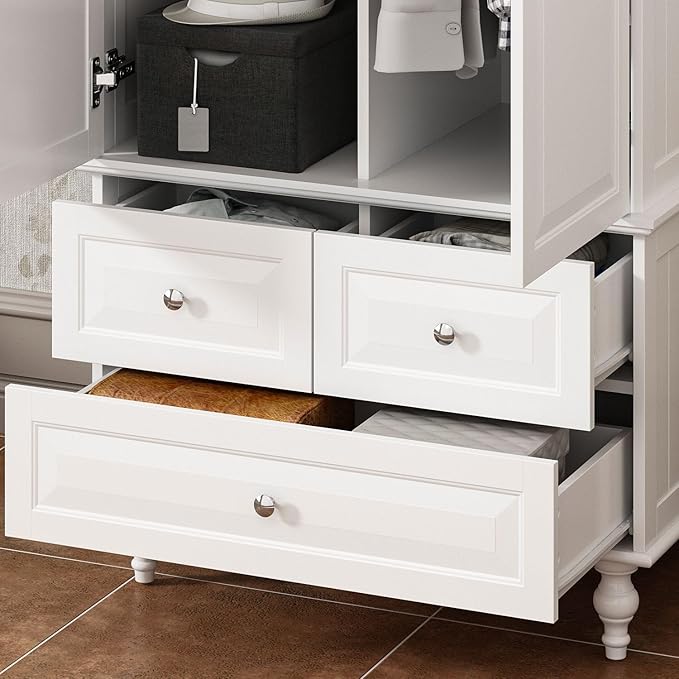 MOUMON 2 Door Armoire Wardrobe Closet with 3 Drawers, Vintage Wardrobe Cabinet with Hanging Rod, Bedroom Armoire Closet with Shelves, for Bedroom, White, 19.7”D x 31.5”W x 70.9”H