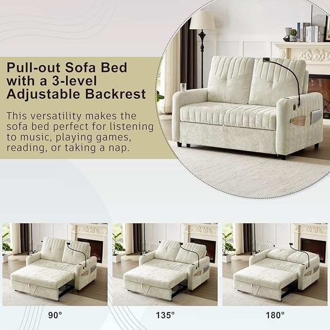 Merax Chenille 3-in-1 Pull Out Sleeper Sofa Bed Couch, 54" Convertible Futon Loveseat with Adjustable Backrest, 2 Cup Holders, Phone Stand, 3 Charging Ports and Storage Pockets for Living Room, Beige