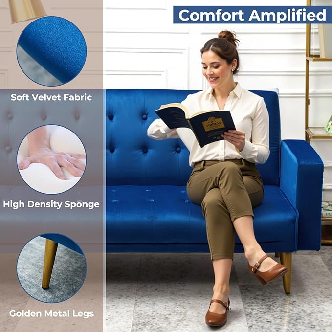 Rovibek Futon Sofa Bed, Convertible Futon Couch, Modern Futons Bed with Adjustable Backrest, Metal Legs, Living Room Apartment Office Fouton, Blue