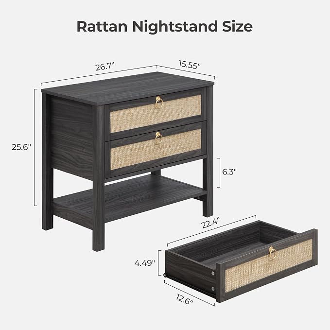 SICOTAS Night Stand with Drawers and Storage Shelf - Large Nightstands Rattan Decor Boho Bedside Table Narrow Side Table for Bedroom, Small Space - Image 2