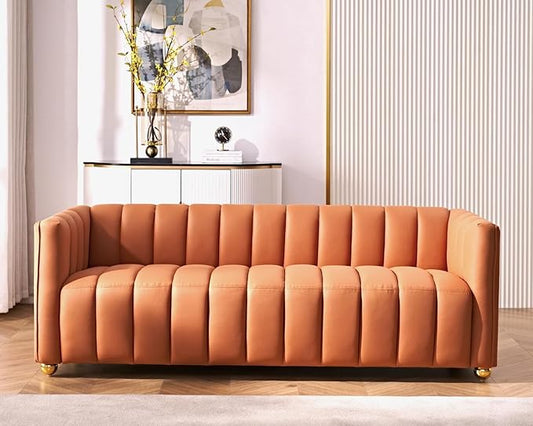 Direct Glam Fabric Upholstered Solid Wood Frame 82.7" Art Deco Sofa for Living Room, Office, Sophisticated 3 Seater Couch, Orange