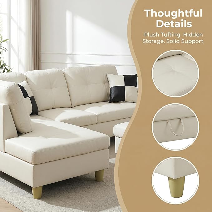 NicBex Modular L-Shaped Sectional Couches, 3-Piece Convertible Couch with Storage Ottoman, 4-Seat Comfy Sofa with Chaise for Living Room & Apartment, Cream White
