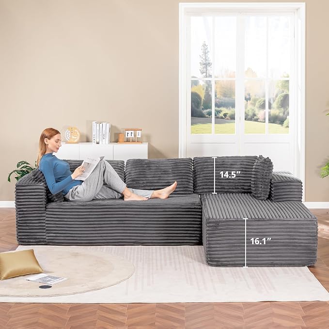 LUCKLIFE Modular Sectional Couch with L-Shape Chaise,Corduroy Upholstery Boneless Couches for Living Room,Oversized Sleeper Sofa,No Assembly Required (Grey, L Shape with Right Facing Chaise)