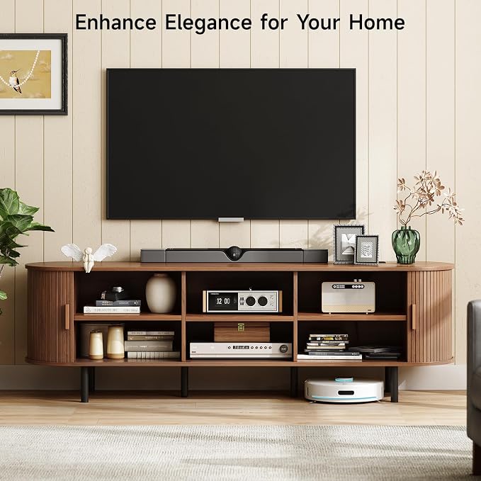 ONBRILL 70.8" TV Stand with Power Outlet for TVs up to 75 Inch, Entertainment Center with Storage and Adjustable Shelves, Modern Media Console with Sliding Doors for Living Room, Walnut - Image 3