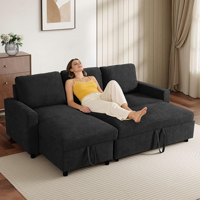 L-Shaped Sleeper Sofa with Chaise Lounge & Storage, Pull-Out Couch Bed with Recliner, Full Size Futon for Living Room, Office, Apartment Black