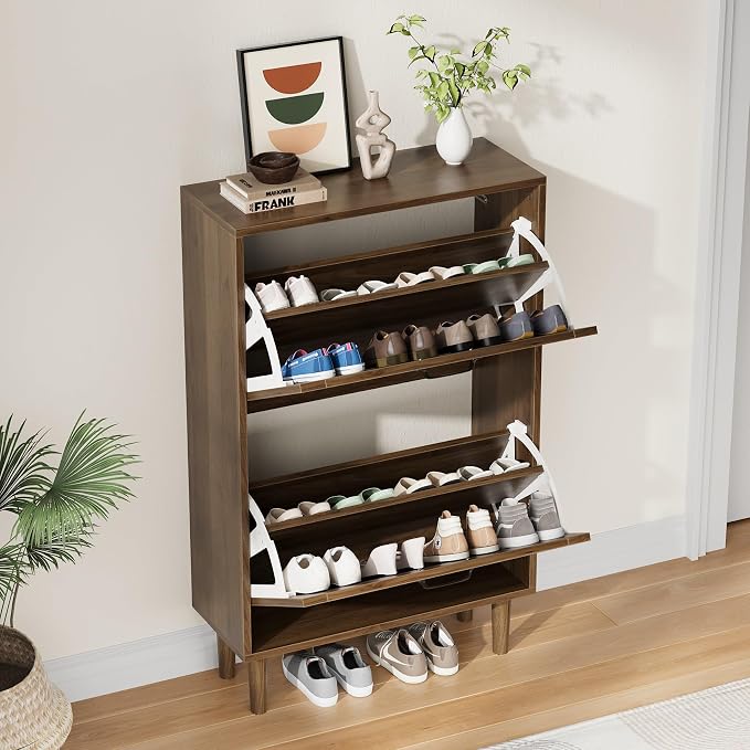 Kiasthome 2 Tier Entryway Shoe Storage Cabinet Closed Space Saving Hidden Shoe Organizer with Ribbed Doors Freestanding for Hallway Bedroom Walnut Finish (Walnut, 24.4") - Image 7