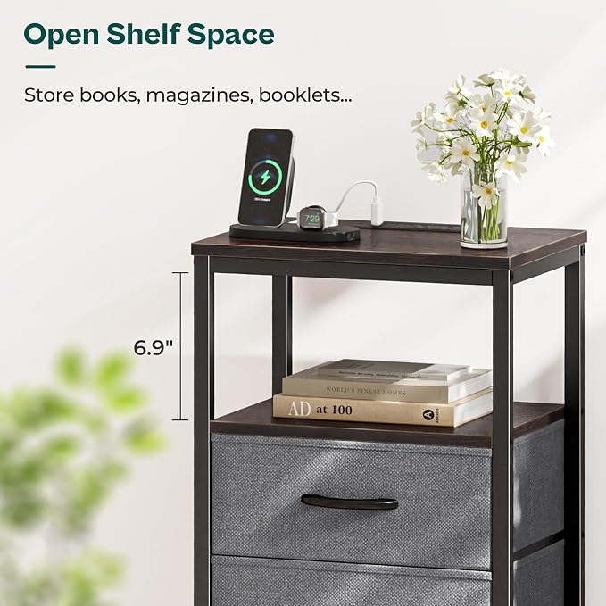 Huuger Nightstand with Charging Station, Fabric Drawers, End Table with Open Shelf, Bedside Table with USB Ports and Outlets, Night Stand for Bedroom, Walnut - Image 7