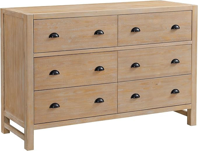 Arden 5-Piece Bedroom Set - Queen Bed, Two 2-Drawer Nightstands with Open Shelf, 5-Drawer Chest, 6-Drawer Double Dresser, Solid Pine Wood, Light Driftwood Finish, Modern Rustic Style