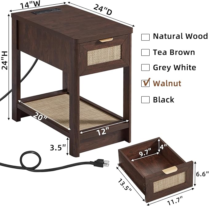 Lerliuo Narrow Night Stand Set of 2 with Charging Station, Boho Nightstand with Drawer, Bed Side End Table with Rattan Shelf for Small Spaces, Wood Nightstands Bedside Tables for Living Room Bedroom - Image 2