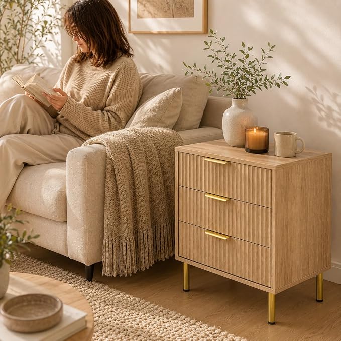 24" Tall Wood Nightstand Set of 2, Mid-Century Modern Fluted Bedside Tables with 3 Drawers, Matching Oak Small Dressers, Japandi Ribbed Side Table Duo - Image 8