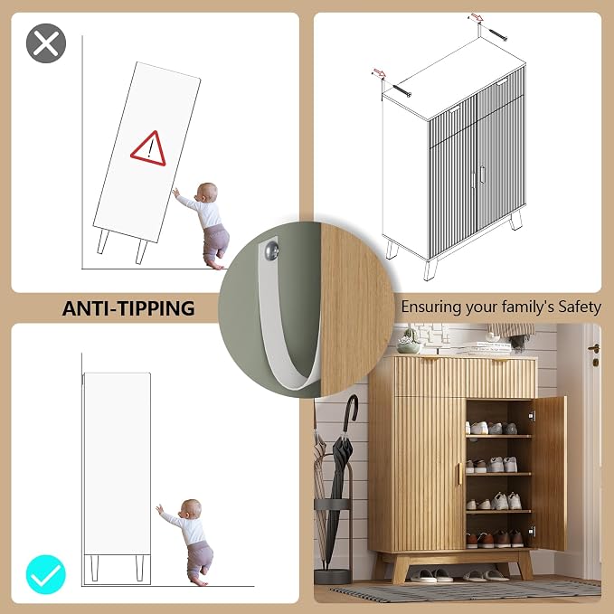 Shoe Cabinet Storage for Entryway with Doors, 4 Tier Fluted Shoe Organizer with 2 Drawers, Entryway Shoe Storage with Adjustable Shelves, Freestanding Hidden Shoe Rack for Front Door Entrance, Oak - Image 6