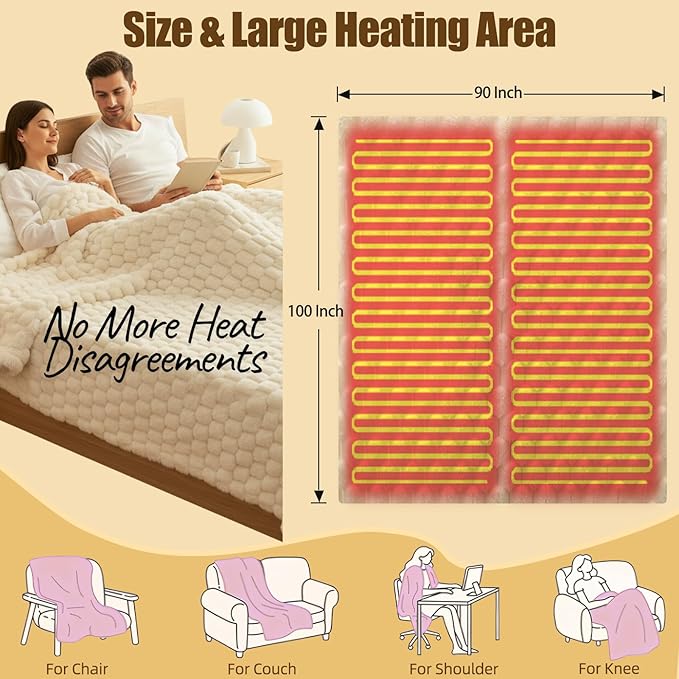 Eastsora Heated Blanket Electric Blanket Heating, Dual Control Soft Ribbed Faux Fur Electric Blanket with 12 Heat Levels 12H Timer ETL FCC Certified Machine Washable (White, King | 90" x 100")