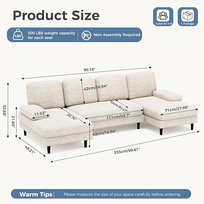 DUMOS Sectional Couches for Living Room, U Shaped Couch with Double Chaise Lounge, Modern Chenille Fabric 4-Seat Couch with Removable Pillows for Apartment/Small Space, Beige
