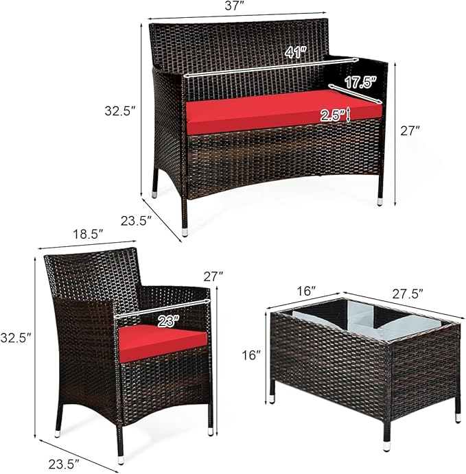 Tangkula 4 PCS Patio Rattan Conversation Set, Outdoor Wicker Furniture with Tempered Glass Coffee Table & Thick Cushion, Rattan Chair Wicker Set for Garden, Lawn, Poolside and Backyard (1, Red)
